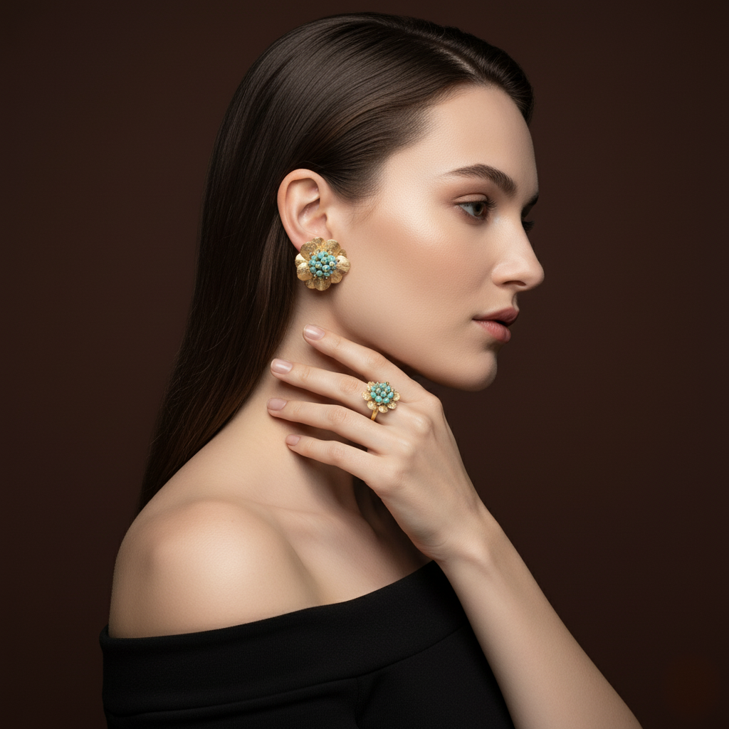 Set en Turquesa de Aretes y Anillo Ajustable