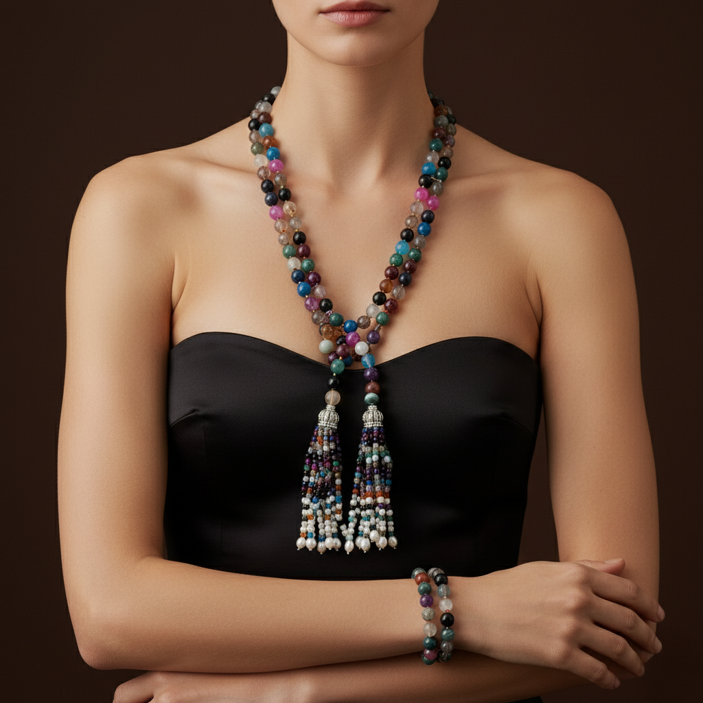 Collar Doble Uso, con su Pulsera, En Piedras Ágata Multicolor