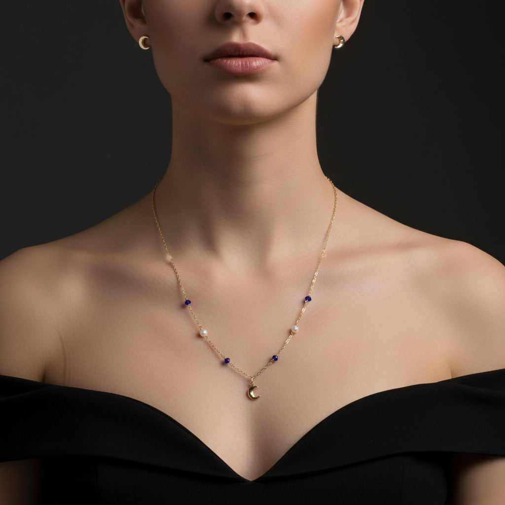 Set en Perlas y Aventurinas azul con Aretes y Dije con Lunitas