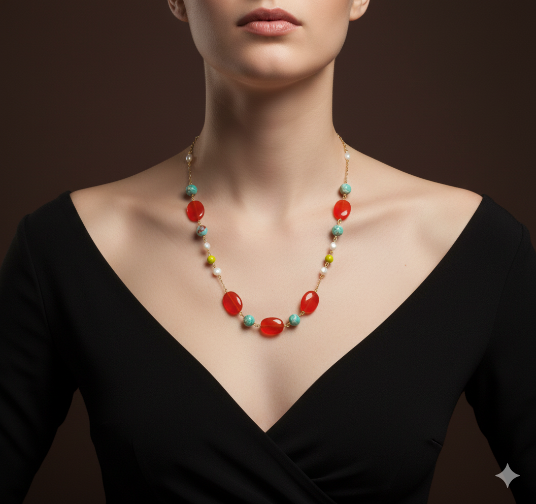 Collar en Ágata, Turquesa y Perlas