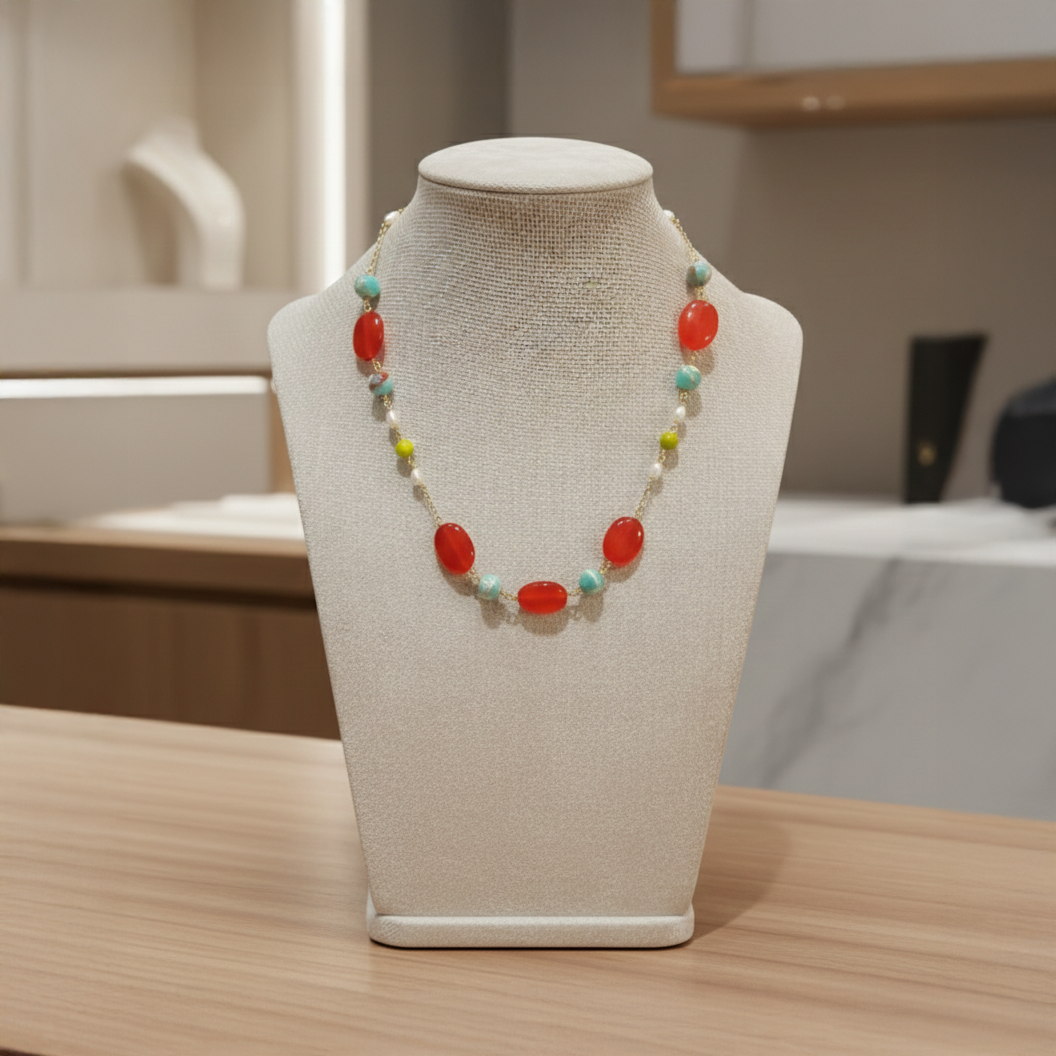 Collar en Ágata, Turquesa y Perlas