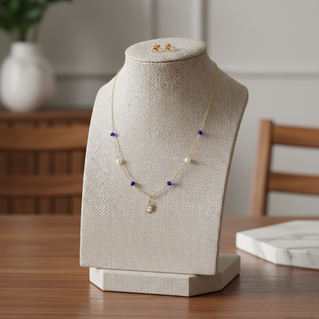 Set en Perlas y Aventurinas azul con Aretes y Dije con Lunitas